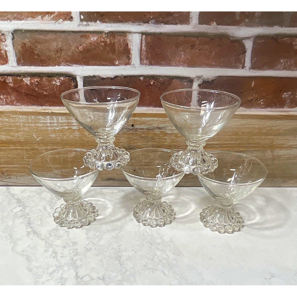 Unmarked Set of 5 Clear Glass Cocktail Glasses Beaded Pedestal Base 3.5"